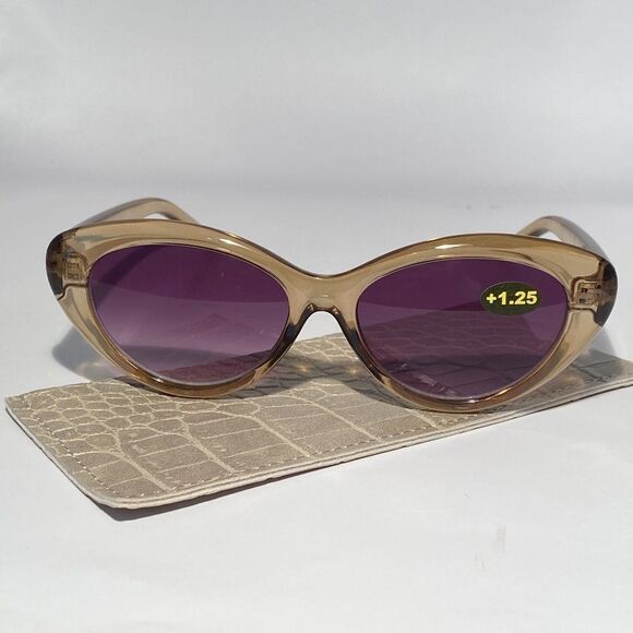 Barbara Reading Sunglasses 1.25 Clear Taupe Sweetheart Frames Dark Lenses NWT - Picture 1 of 8